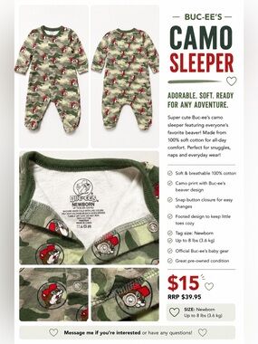 Buc-ee’s Green Camo Baby One-Piece